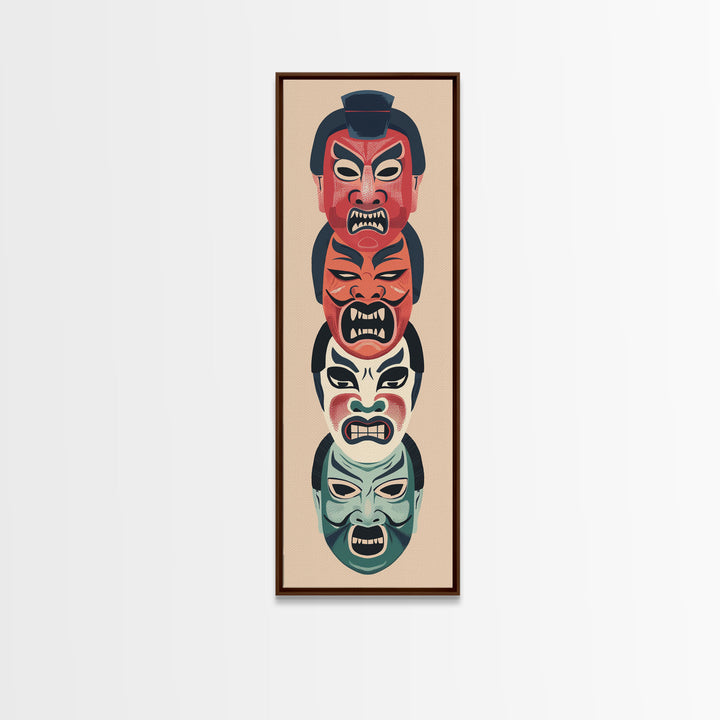 Bold Striking Japanese Kabuki Masks Vibrant Colors Depicted Traditional Style Tall Framed Canvas Print Cultural Home Decor