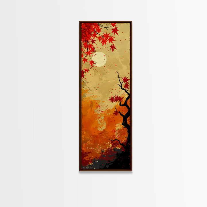 Dramatic Red Autumn Leaves Against Golden Sky Depicted Japanese Style Tall Framed Canvas Print Seasonal Wall Art