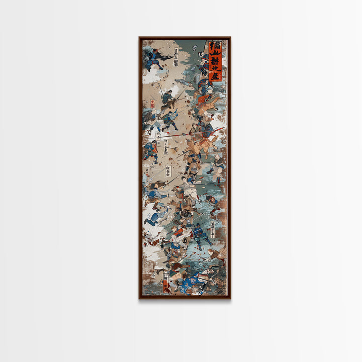 Battle Scene Featuring Warriors in Traditional Japanese Armor Ukiyo-e Art Framed Canvas Print Skinny Tall Art
