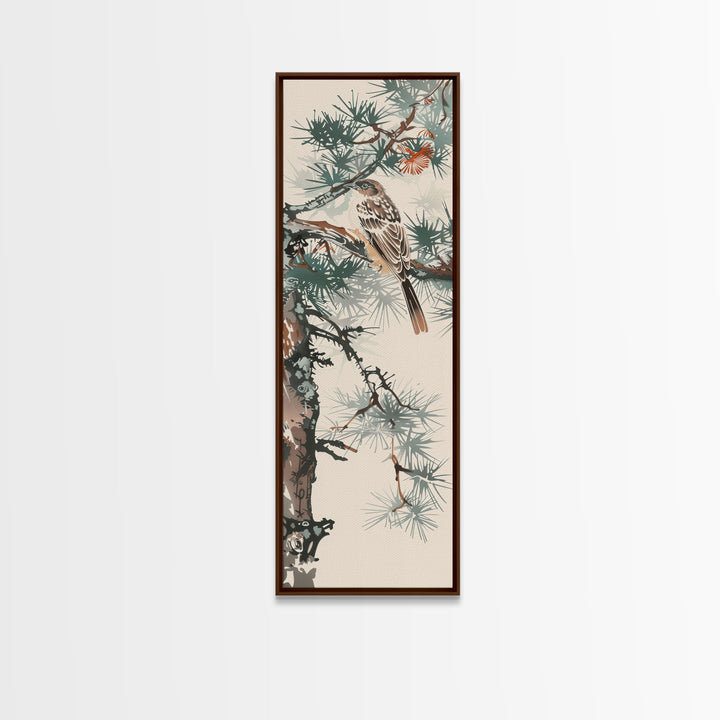 Canvas Print Sparrow Perched On Pine Tree Branch, Subtle And Serene Japanese Nature Scene For Tranquil Home Decor, Wall Decoration