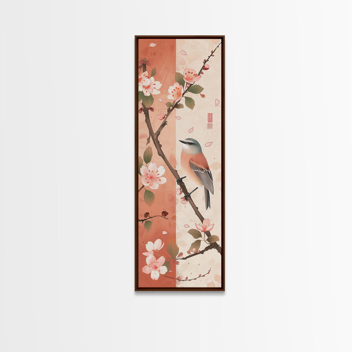 Japanese Bird Art Skinny Wall Art Framed Canvas Print Perched Bird on Branch with Cherry Blossoms and Petals in Soft Pastel Colors