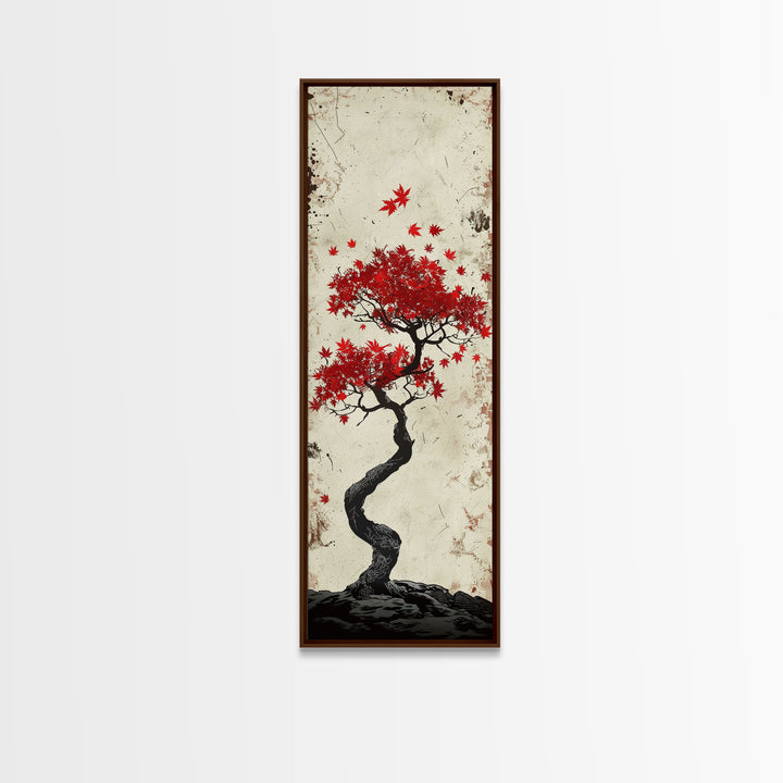 Red Maple Bonsai Tree Japanese Art Skinny Wall Art Framed Canvas Print with Windswept Branches and Red Leaves