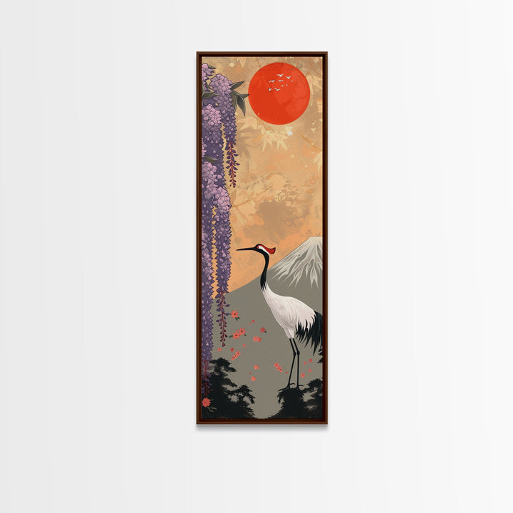 Japanese Crane Skinny Wall Art Framed Canvas Print in a Garden with Wisteria Flowers and Mount Fuji in the Background