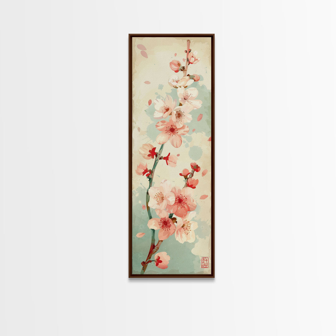 Cherry Blossom Japanese Art Skinny Wall Art Framed Canvas Print in Light Pastel Colors on Branch Against Subtle Green Background