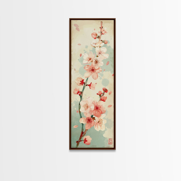 Cherry Blossom Japanese Art Skinny Wall Art Framed Canvas Print in Light Pastel Colors on Branch Against Subtle Green Background