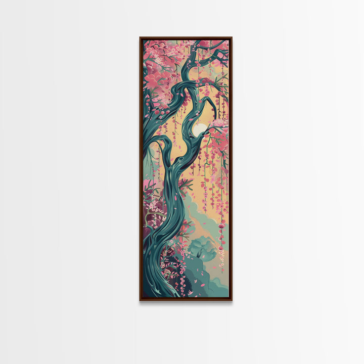 Japanese Garden Tree Skinny Wall Art Framed Canvas Print with Twisting Branches and Pink Blossoms in Warm Sunset Colors