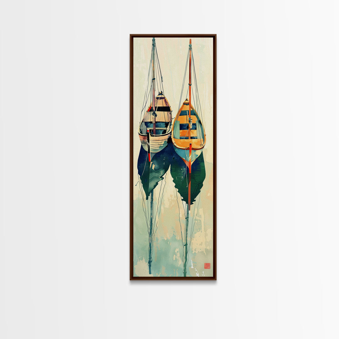 Reflective Calm Sailboats In The Harbor – Framed Canvas Print Featuring Skinny Art With Ukiyo-E Art And Japanese Style Art Tall Art Display