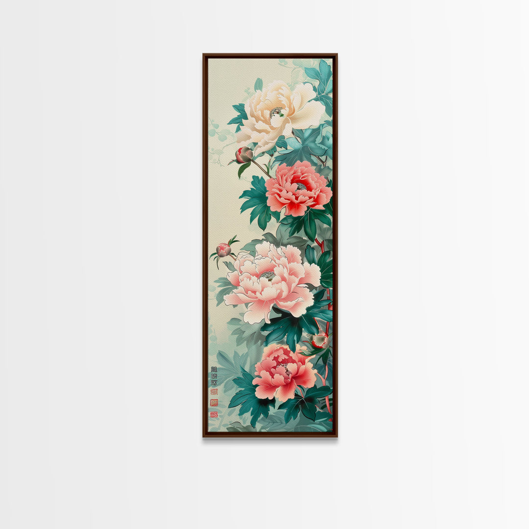Japanese Style Art, Skinny Art, Tall Art, Peonies In Bloom Wood Block Print Framed Canvas Print Ukiyo-e Art