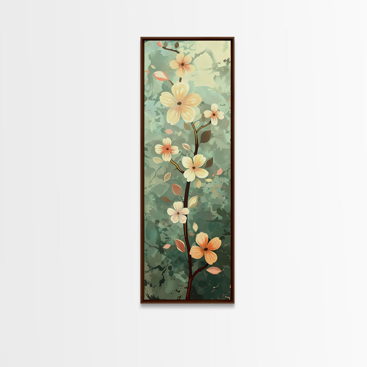 Japanese Style Art Featuring A Delicate Branch With Blooming Flowers, Skinny Art, Tall Art, Ukiyo-e Art, Framed Canvas Print, Wood Block Print