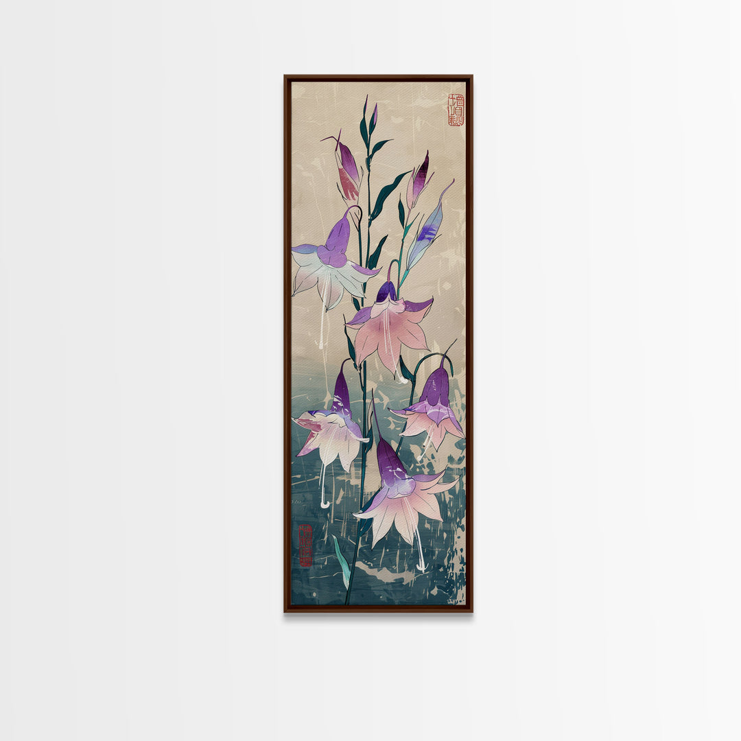 Tall Art Featuring Elegant Bellflowers In Soft Purples And Pinks Against A Muted Background, Skinny Art, Japanese Style Art, Ukiyo-e Art, Framed Canvas Print, Wood Block Print