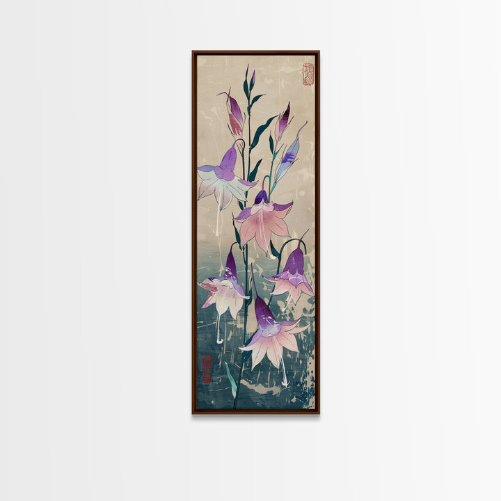 Tall Art Featuring Elegant Bellflowers In Soft Purples And Pinks Against A Muted Background, Skinny Art, Japanese Style Art, Ukiyo-e Art, Framed Canvas Print, Wood Block Print
