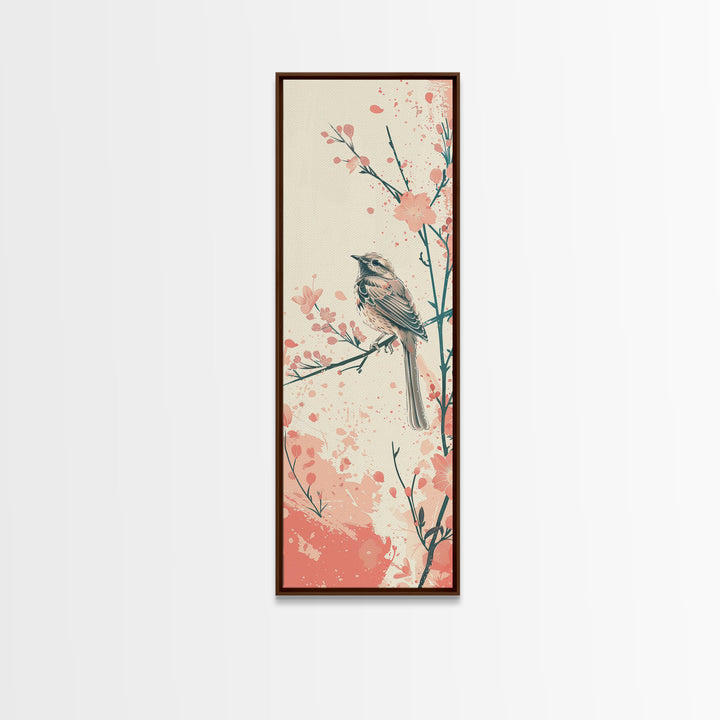 Perched Bird Among Blossoming Cherry Branches – Framed Canvas Print With Skinny Art And Tall Art Inspired By Ukiyo-E Art And Japanese Style Art