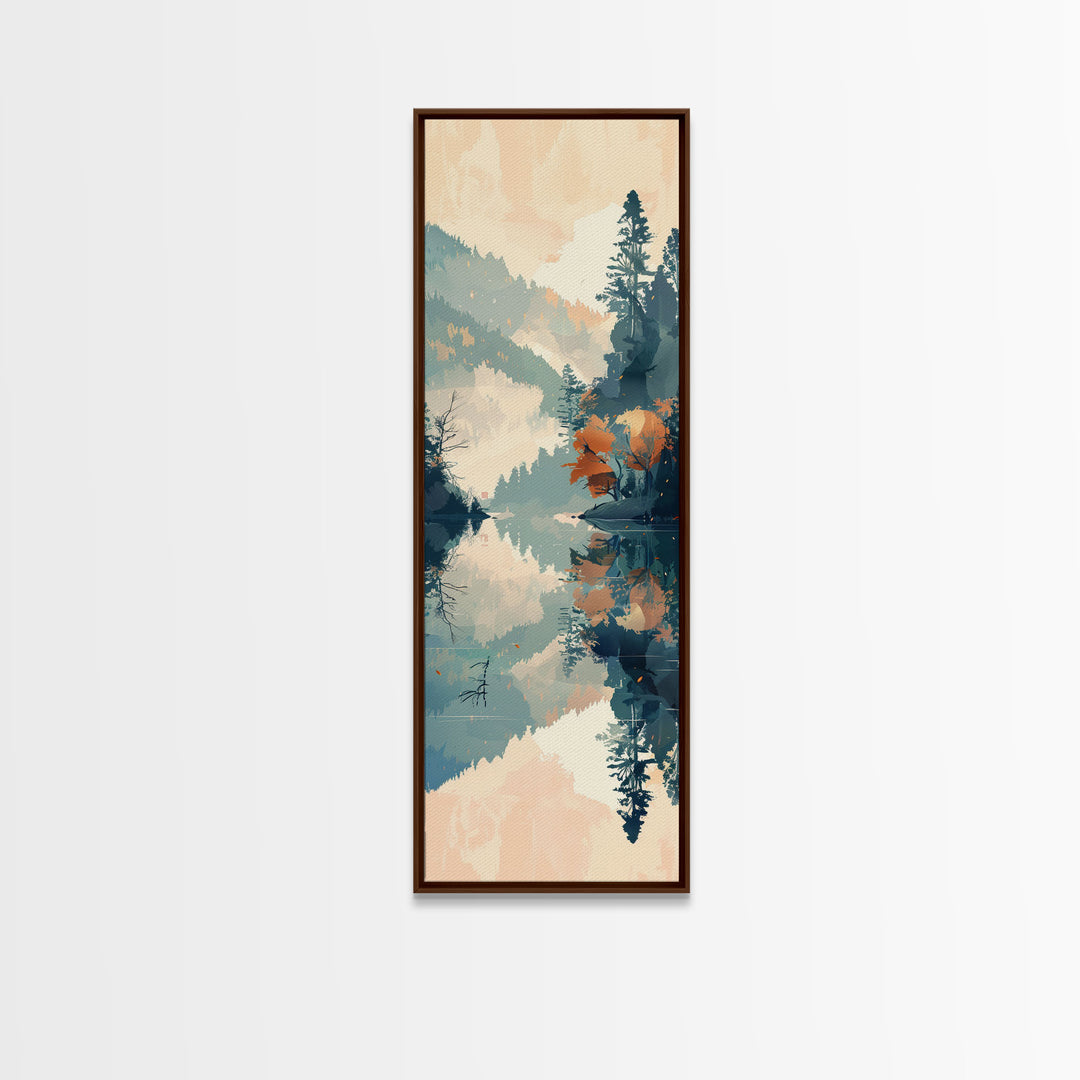 Ukiyo-e Art Depicting A Peaceful Lake Surrounded By Misty Mountains And Autumn Trees, Skinny Art, Tall Art, Framed Canvas Print, Japanese Style Art, Wood Block Print