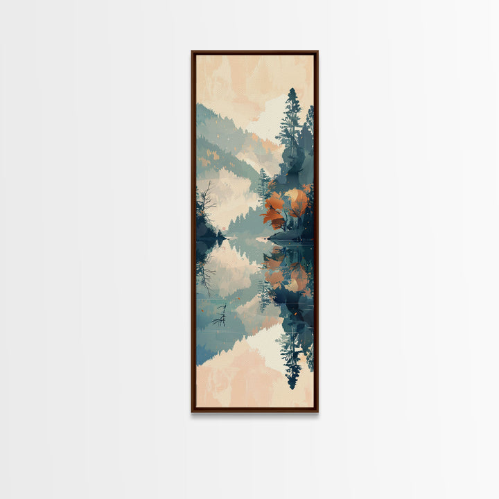 Ukiyo-e Art Depicting A Peaceful Lake Surrounded By Misty Mountains And Autumn Trees, Skinny Art, Tall Art, Framed Canvas Print, Japanese Style Art, Wood Block Print