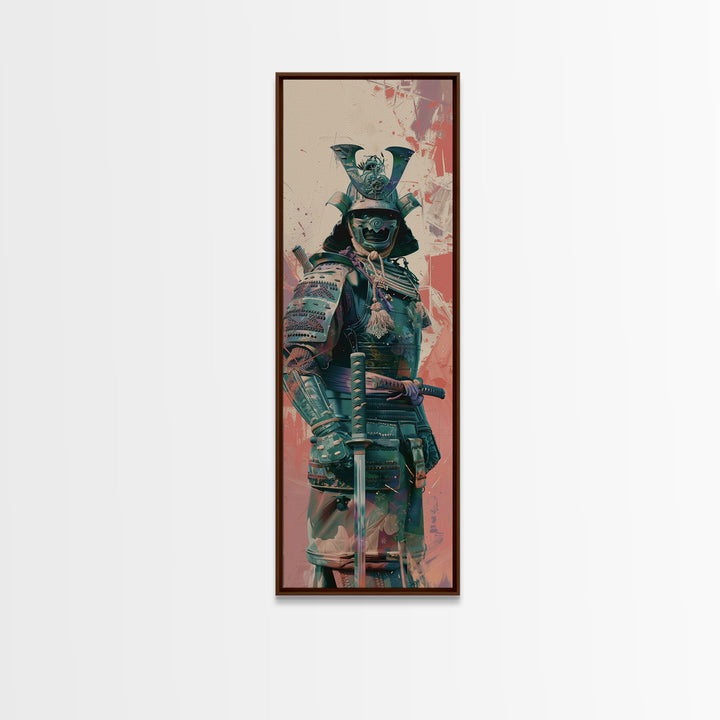 Skinny Art Tall Art Samurai Armor Wood Block Print Japanese Style Art Featuring Fierce Warrior In Full Battle Gear Framed Canvas Print