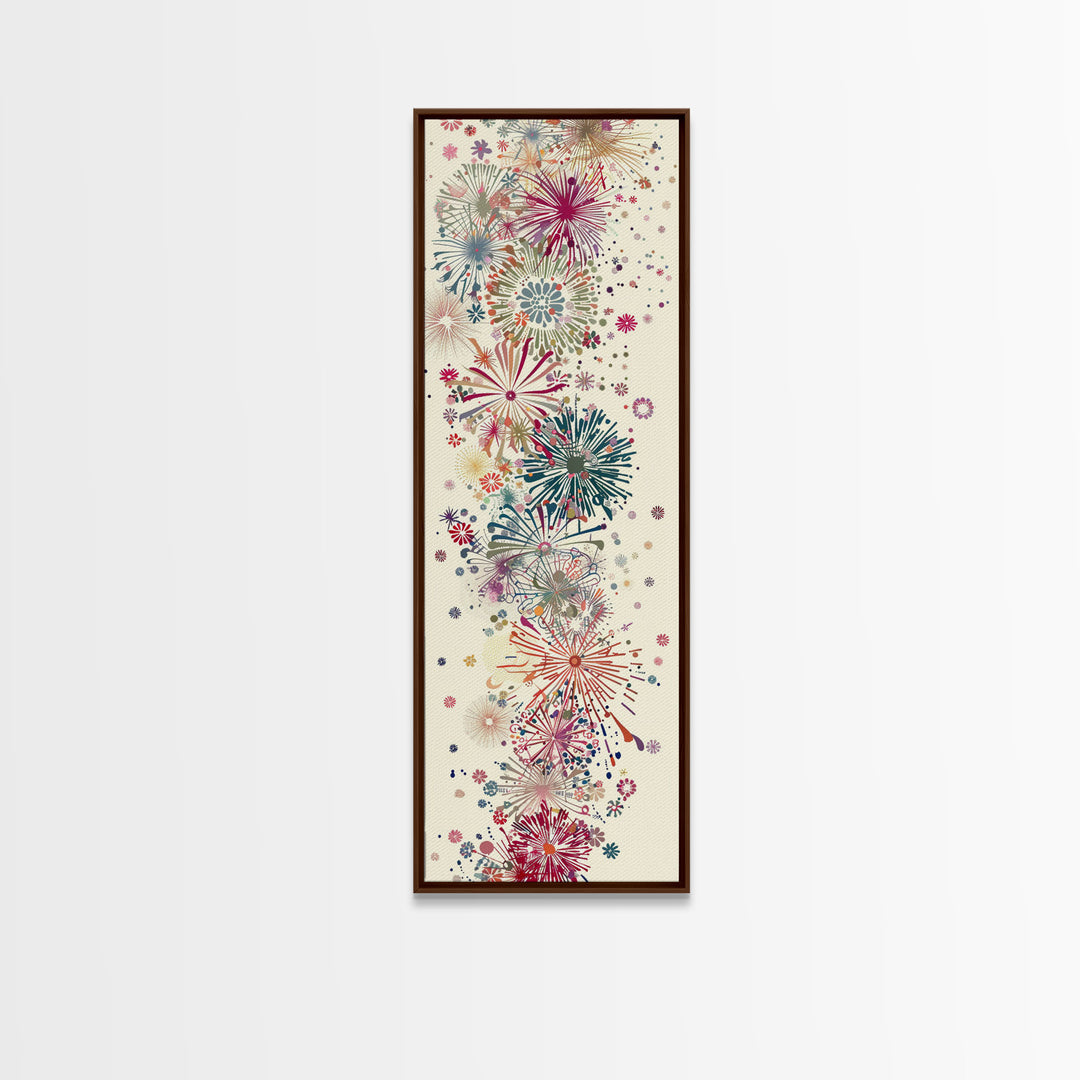 Skinny Art Tall Art Floral Burst Wood Block Print Japanese Style Art Vivid Explosions Of Colors Framed Canvas Print