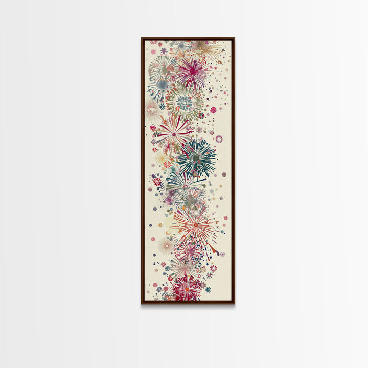Skinny Art Tall Art Floral Burst Wood Block Print Japanese Style Art Vivid Explosions Of Colors Framed Canvas Print