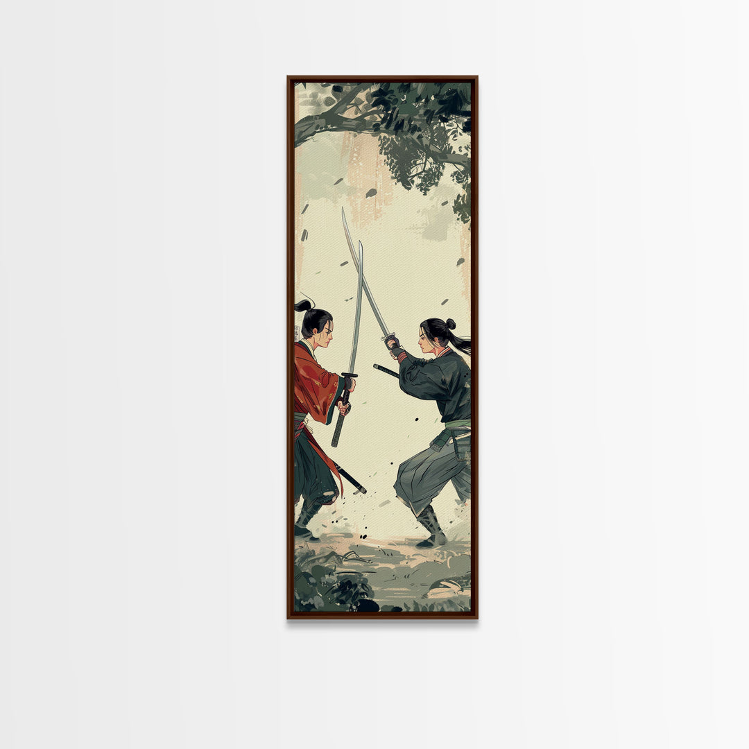 Skinny Art Tall Art Samurai Duel Wood Block Print Japanese Style Art Intense Battle Between Two Warriors Framed Canvas Print