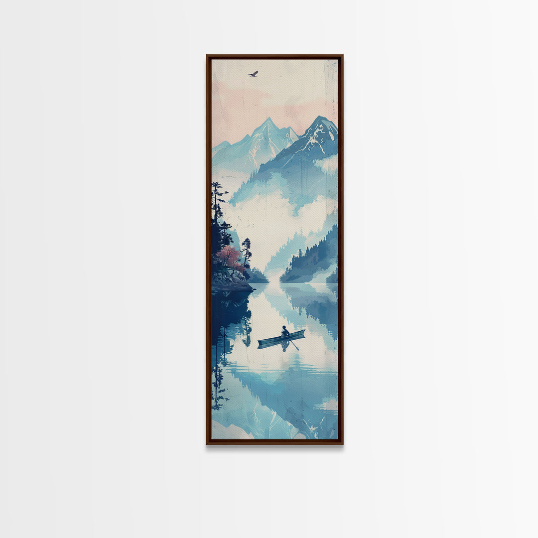 Serene Rowboat On A Misty Lake With Mountains – Framed Canvas Print Showcasing Skinny Art With Ukiyo-E Art And Japanese Style Art Tall Art