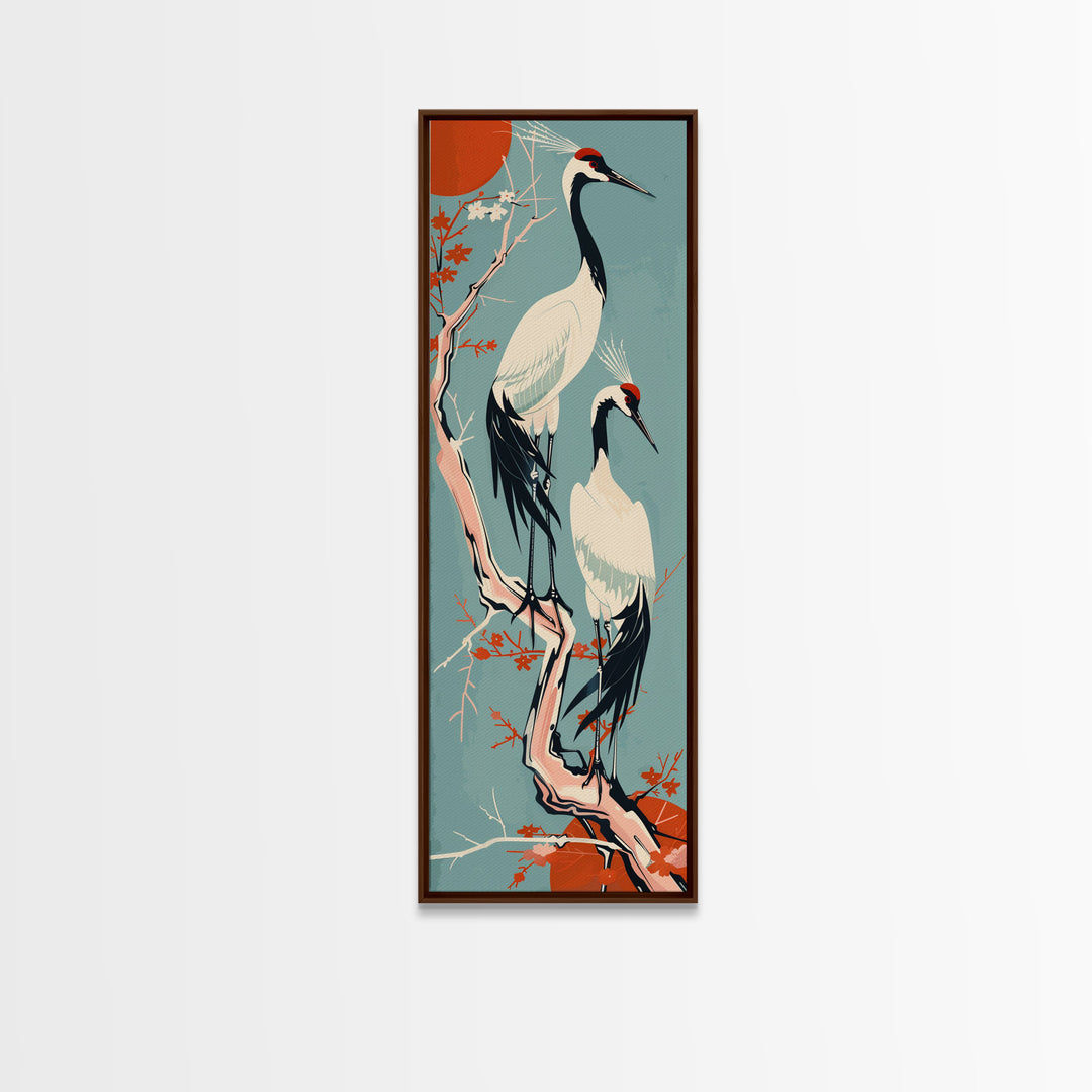 Pair Of Cranes Perched On Branch Against Orange Sun Background Skinny Art Wood Block Print Framed Canvas Print