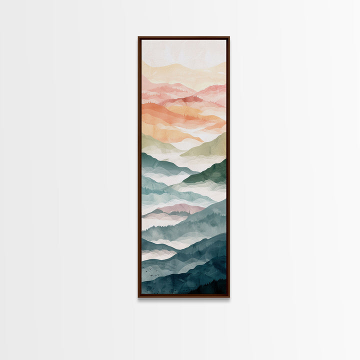 Rolling Hills And Layered Mountains In Soft Pastel Hues Ukiyo-e Wood Block Print Skinny Art Framed Canvas Print