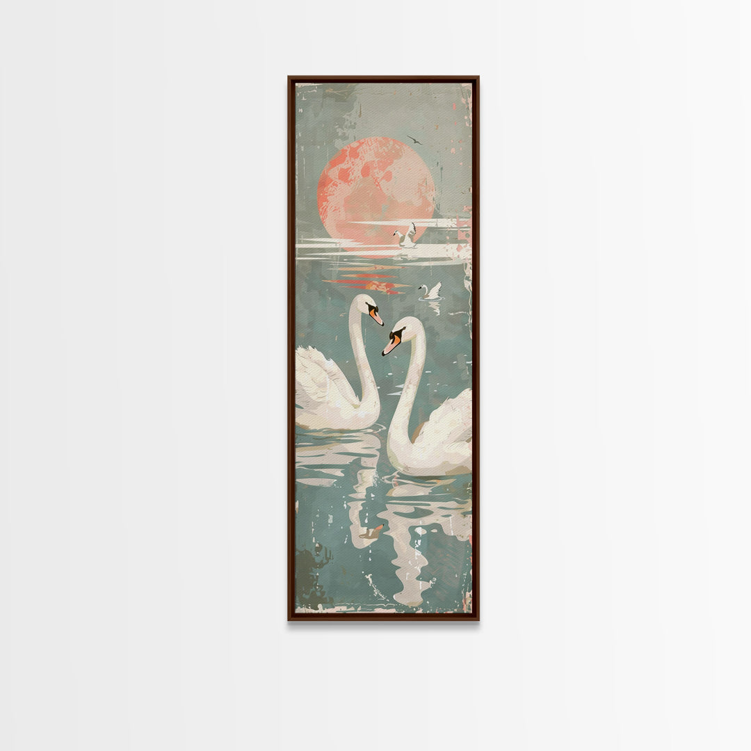 Graceful Swans With Peaceful Lake And Reflecting Sun Ukiyo-e Wood Block Skinny Tall Japanese Style Art Framed Canvas Print
