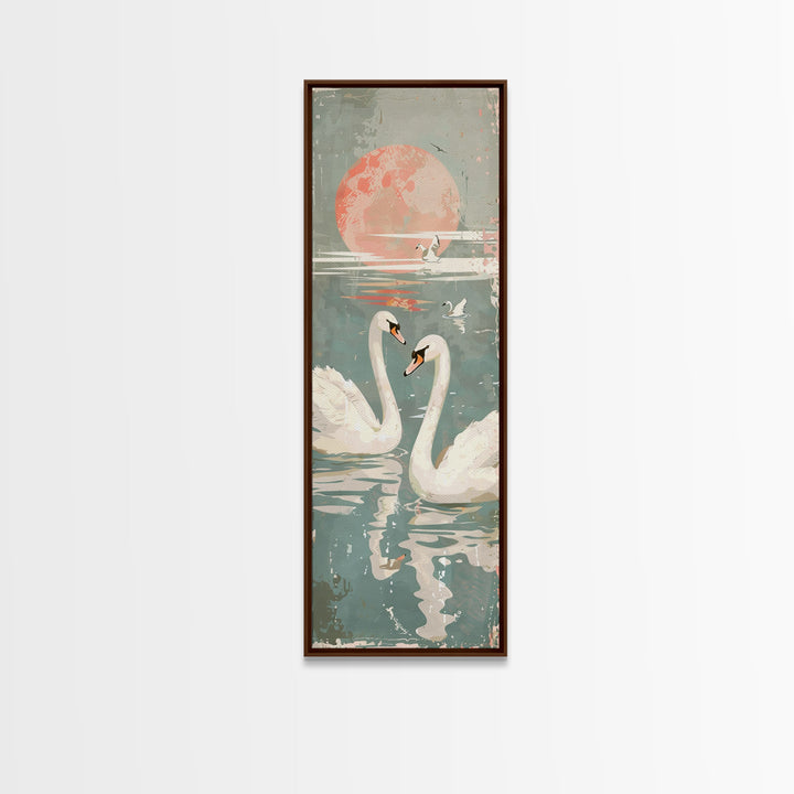 Graceful Swans With Peaceful Lake And Reflecting Sun Ukiyo-e Wood Block Skinny Tall Japanese Style Art Framed Canvas Print