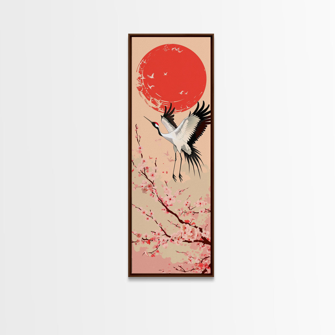 Elegant Crane Bird In Mid-flight Against Bold Red Sun Ukiyo-e Tall Skinny Wood Block Framed Canvas Print Japanese Style Art