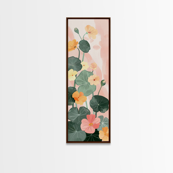 Bright And Colorful Nasturtium Flowers Ukiyo-e Style Tall Skinny Wood Block Japanese Art Framed Canvas Print