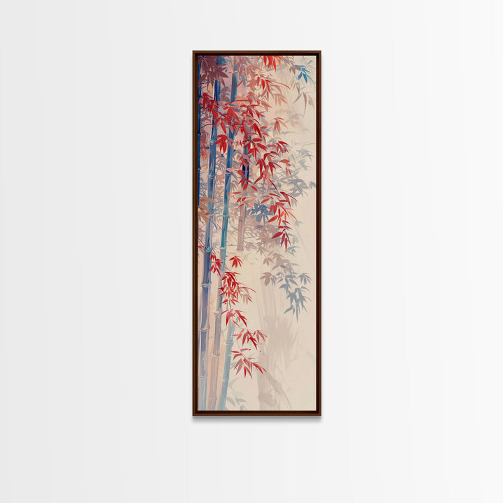 Graceful Bamboo Stalks And Red Leaves In Gentle Wind Ukiyo-e Tall Skinny Wood Block Framed Canvas Print Japanese Style Art