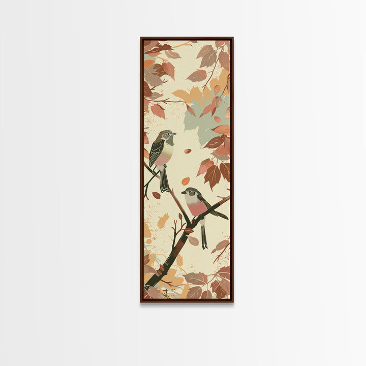 Charming Small Birds On Autumn Branches For Cozy Fall-Themed Wall Art Japanese Style Framed Canvas Print