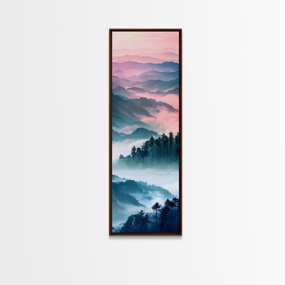 Dreamy Layers Of Misty Mountains At Dawn – Framed Canvas Print Skinny Art And Tall Art, Emphasizing Ukiyo-E Art And Japanese Style Art