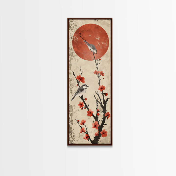 Delicate Birds Perched On Blooming Branch With Red Sun For Traditional Japanese Wall Art Decor Ukiyo-e Style Framed Canvas Print