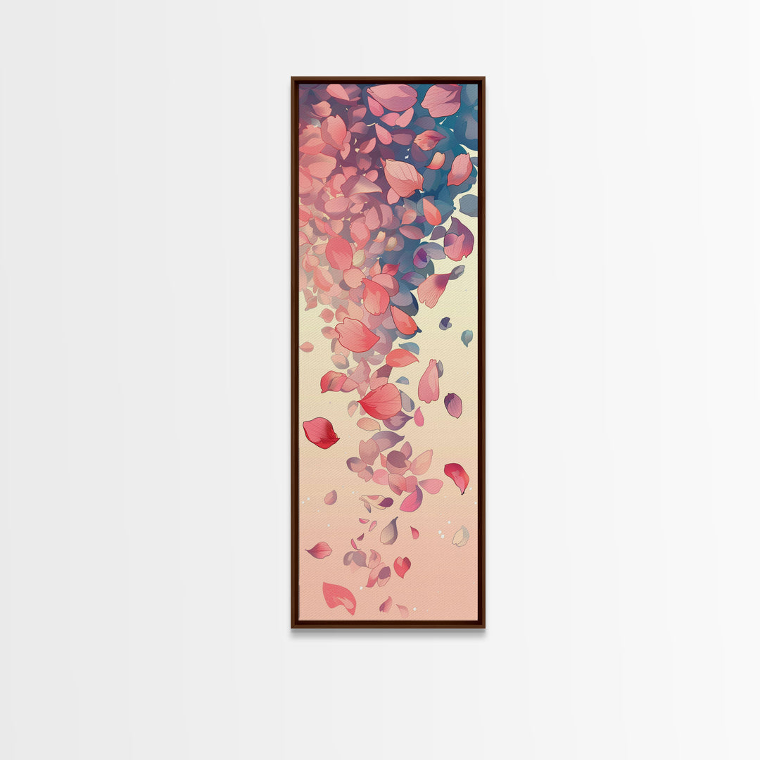 Cascading Pink Petals In Delicate Canvas, Tall Skinny Framed Wall Art For Feng Shui-Inspired Spaces, Japanese Style Art