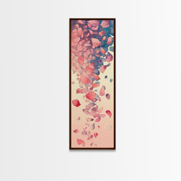Cascading Pink Petals In Delicate Canvas, Tall Skinny Framed Wall Art For Feng Shui-Inspired Spaces, Japanese Style Art