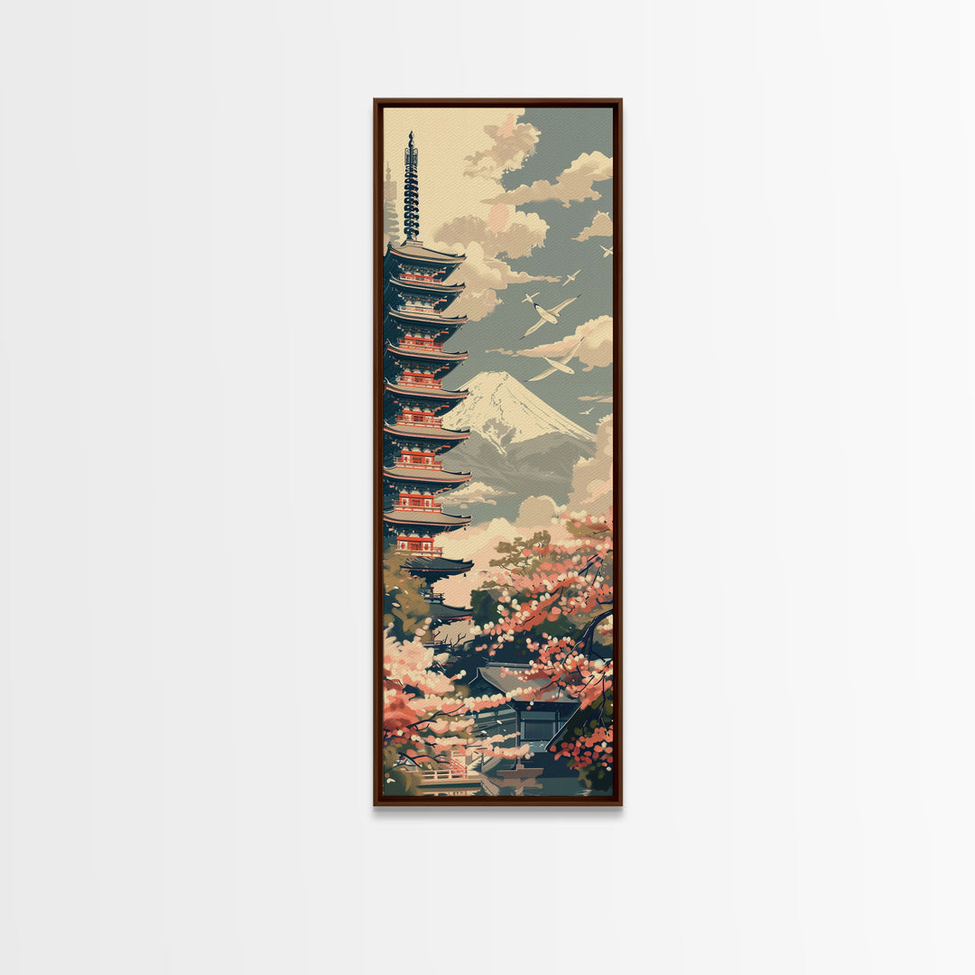 Japanese Pagoda With Mt Fuji And Cherry Blossoms – Framed Canvas Print Featuring Skinny Art Tall Art, Highlighting Ukiyo-E Art And Japanese Style Art