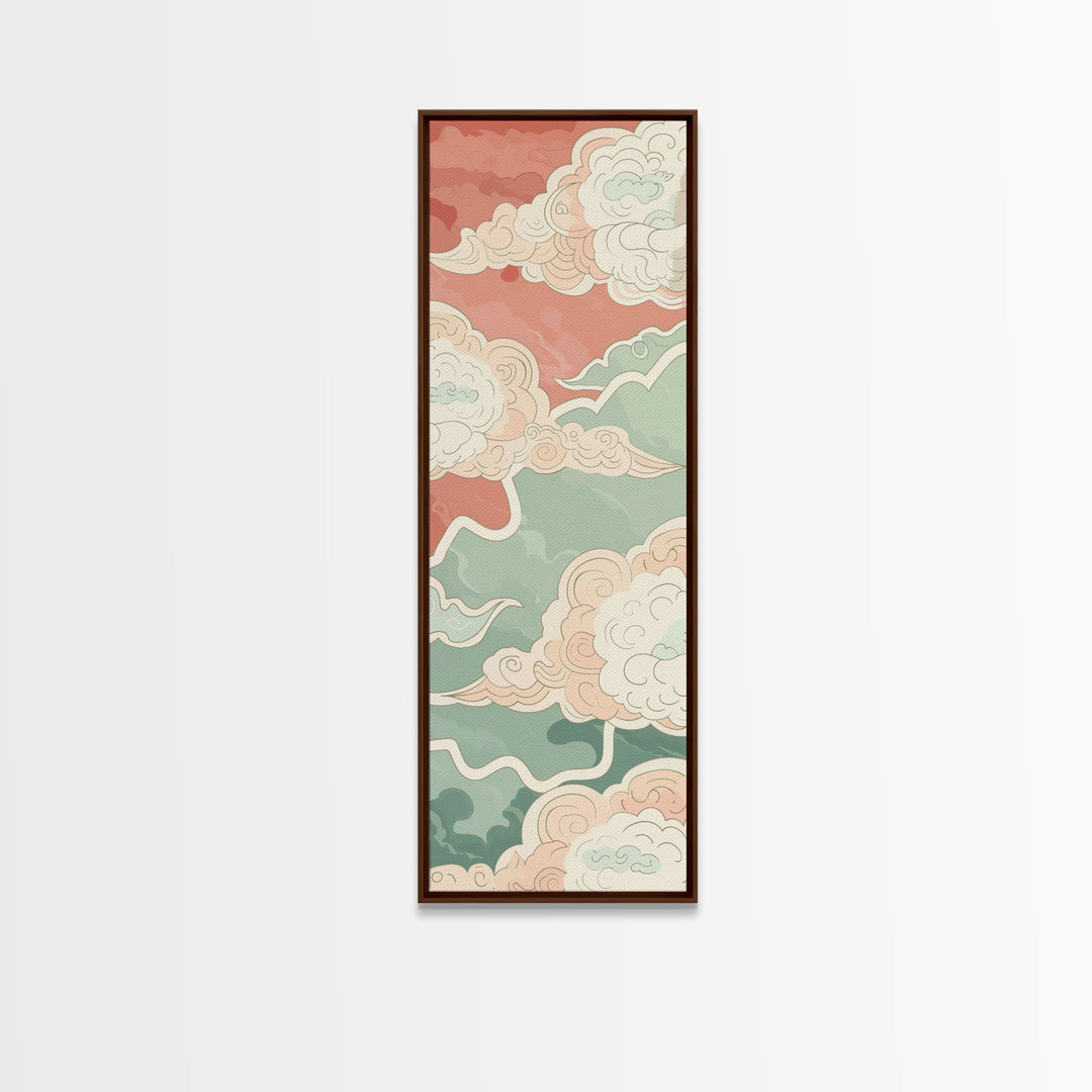 Traditional Japanese Cloud Design In Pastel Colors, Ukiyo-e Style Canvas, Framed Canvas Print, Tall Skinny Japanese Wall Art, Ready To Hang