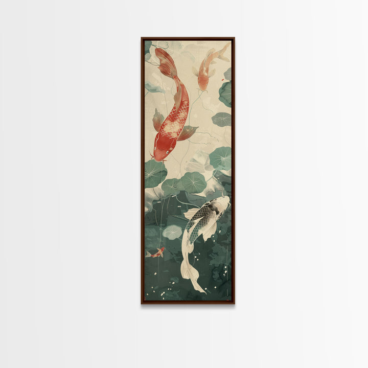 Koi Fish Swimming Among Lilypads In A Calm Pond – Framed Canvas Print Showcasing Skinny Art And Tall Art With Ukiyo-E Art And Japanese Style Art
