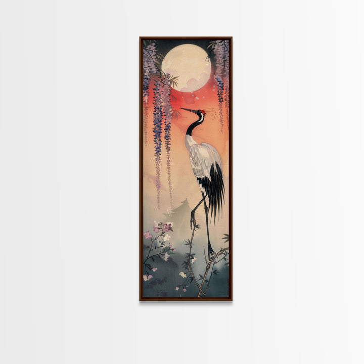 Japanese Crane With Moon And Wisteria - Skinny Art Tall Art Framed Canvas Print Japanese Style Art Ukiyo-e Art