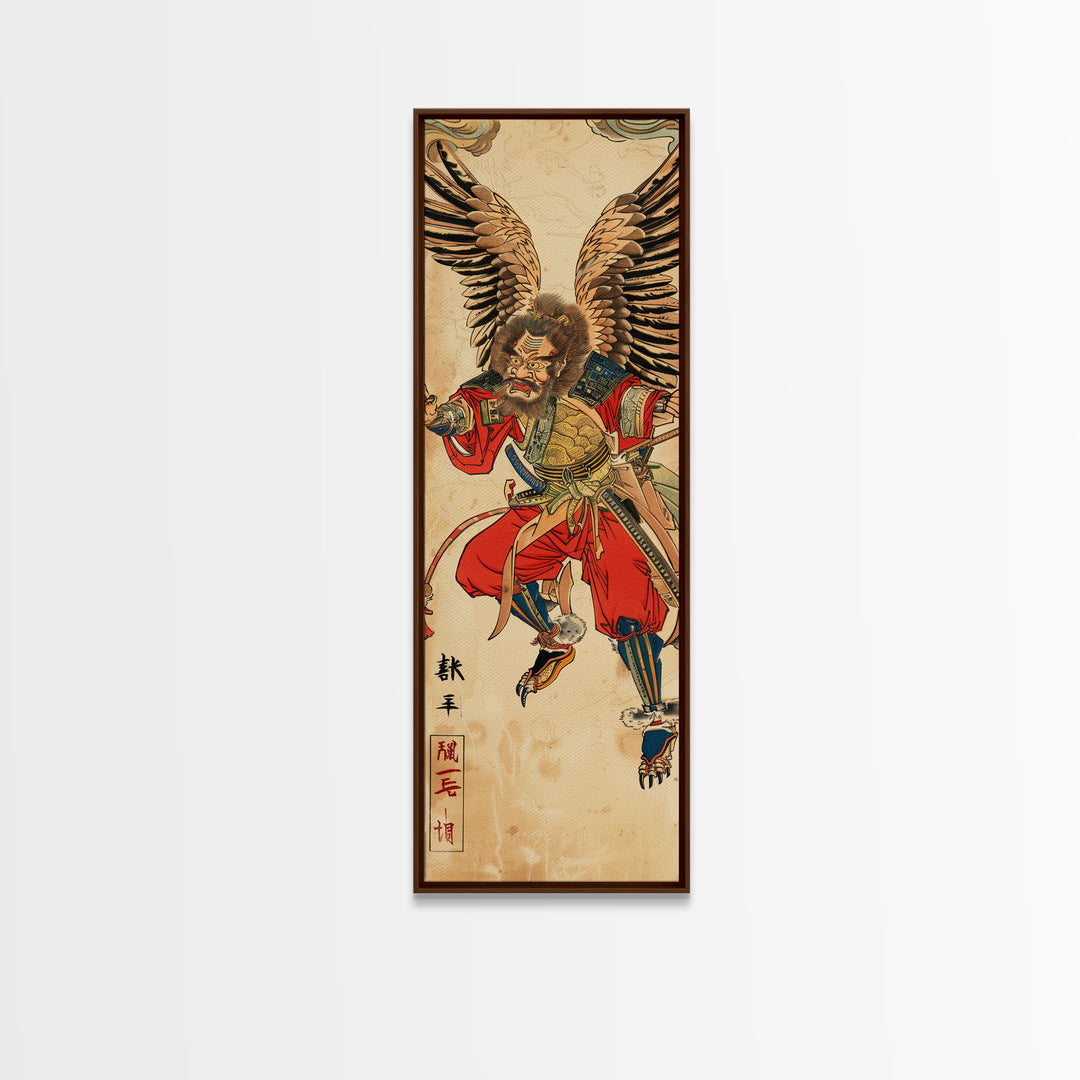 Samurai Warrior With Eagle Wings - Skinny Art Tall Art Framed Canvas Print Japanese Style Art Ukiyo-e Art