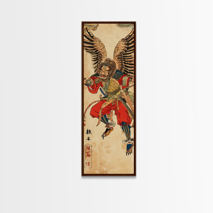 Samurai Warrior With Eagle Wings - Skinny Art Tall Art Framed Canvas Print Japanese Style Art Ukiyo-e Art