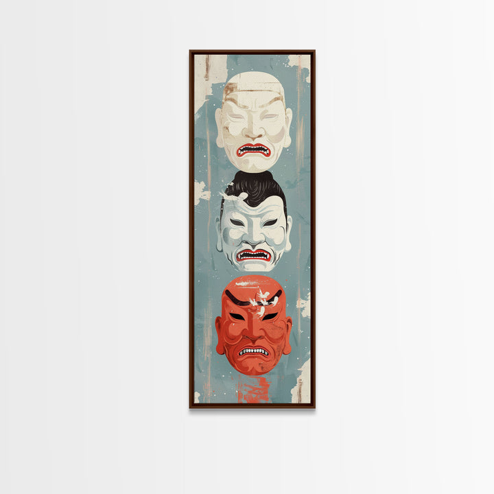 Japanese Masks In A Vertical Display - Skinny Art Tall Art Framed Canvas Print Japanese Style Art Ukiyo-e Art