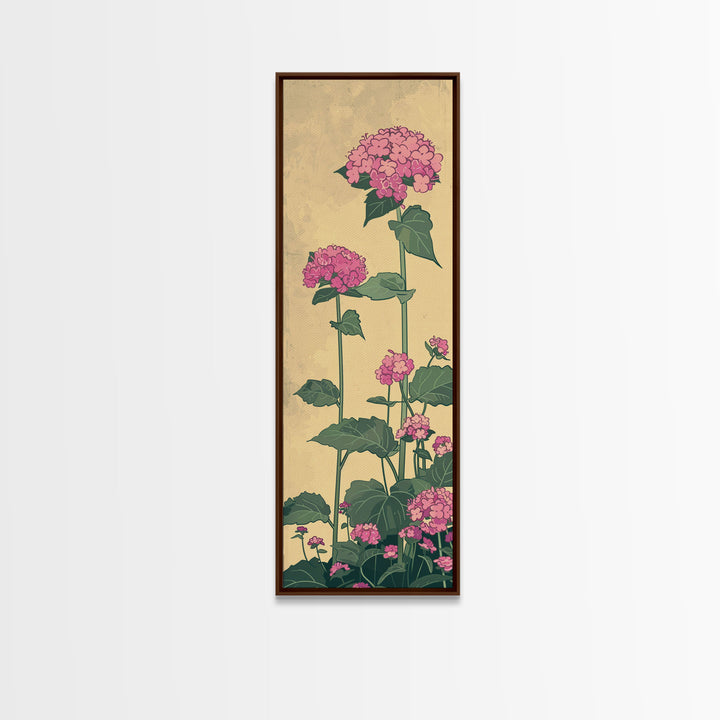 Pink Hydrangea Flowers In Bloom - Skinny Art Tall Art Framed Canvas Print Japanese Style Art Ukiyo-e Art