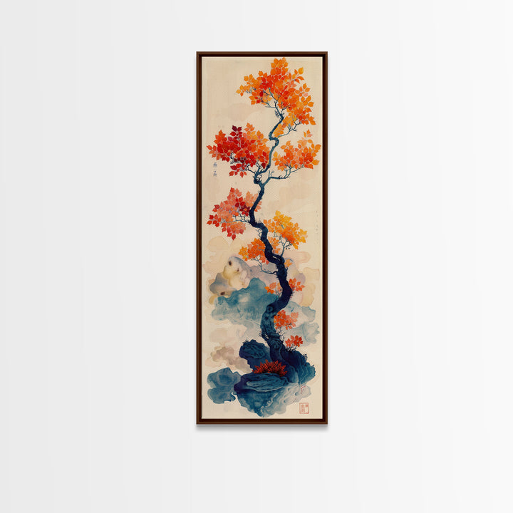 Japanese Maple Tree In Autumn Colors, Ukiyo-e Woodblock Print Style Canvas, Framed Canvas Print, Tall Skinny Japanese Wall Art, Ready To Hang