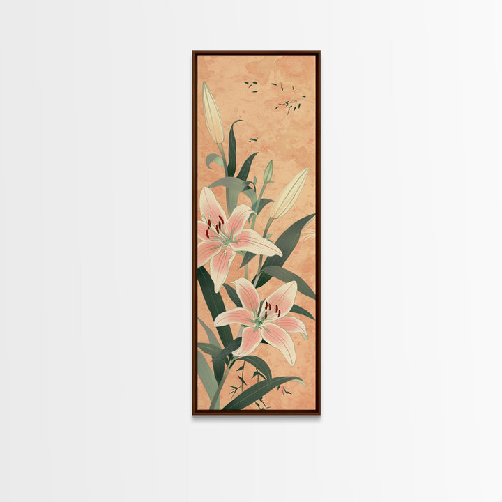Delicate Lily Flowers Blooming In Japanese Style Ukiyo-e Art Framed Canvas Print Skinny Art Tall Art