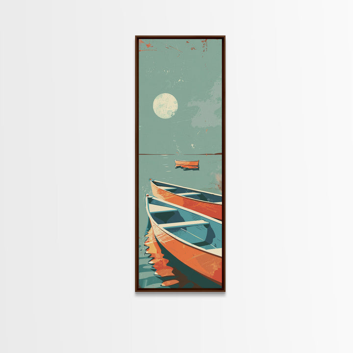 Moonlit Boats Drifting On Calm Waters In Japanese Style Ukiyo-e Art Framed Canvas Print Skinny Art Tall Art