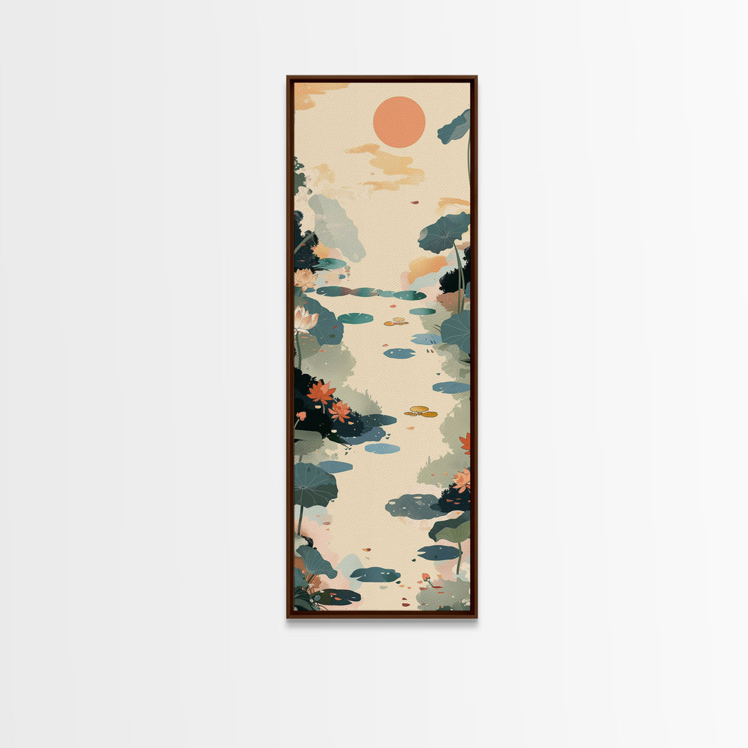 Tranquil Pond With Lotus Flowers And Leaves In Japanese Style Ukiyo-e Art Framed Canvas Print Skinny Art Tall Art