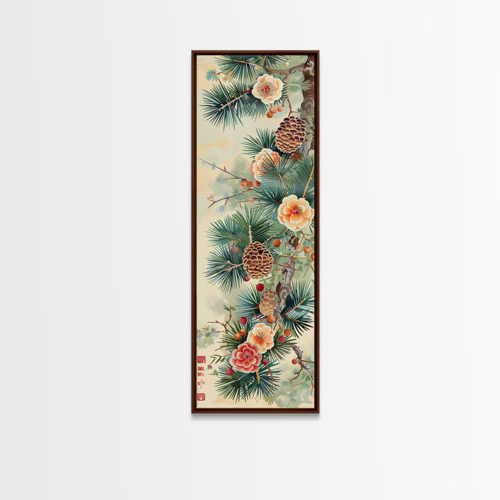 Pine Tree Branches With Blossoms And Pine Cones In Japanese Style Ukiyo-e Art Framed Canvas Print Skinny Art Tall Art