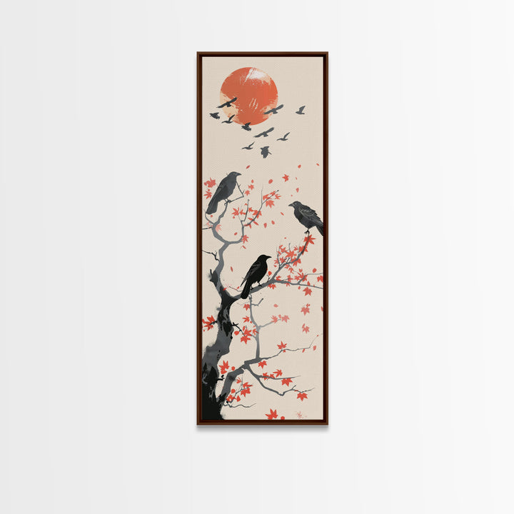 Crows On Bare Tree Branches Against Red Sun Skinny Art Wood Block Print Japanese Style Art Framed Canvas Print Tall Art Ukiyo-e Art