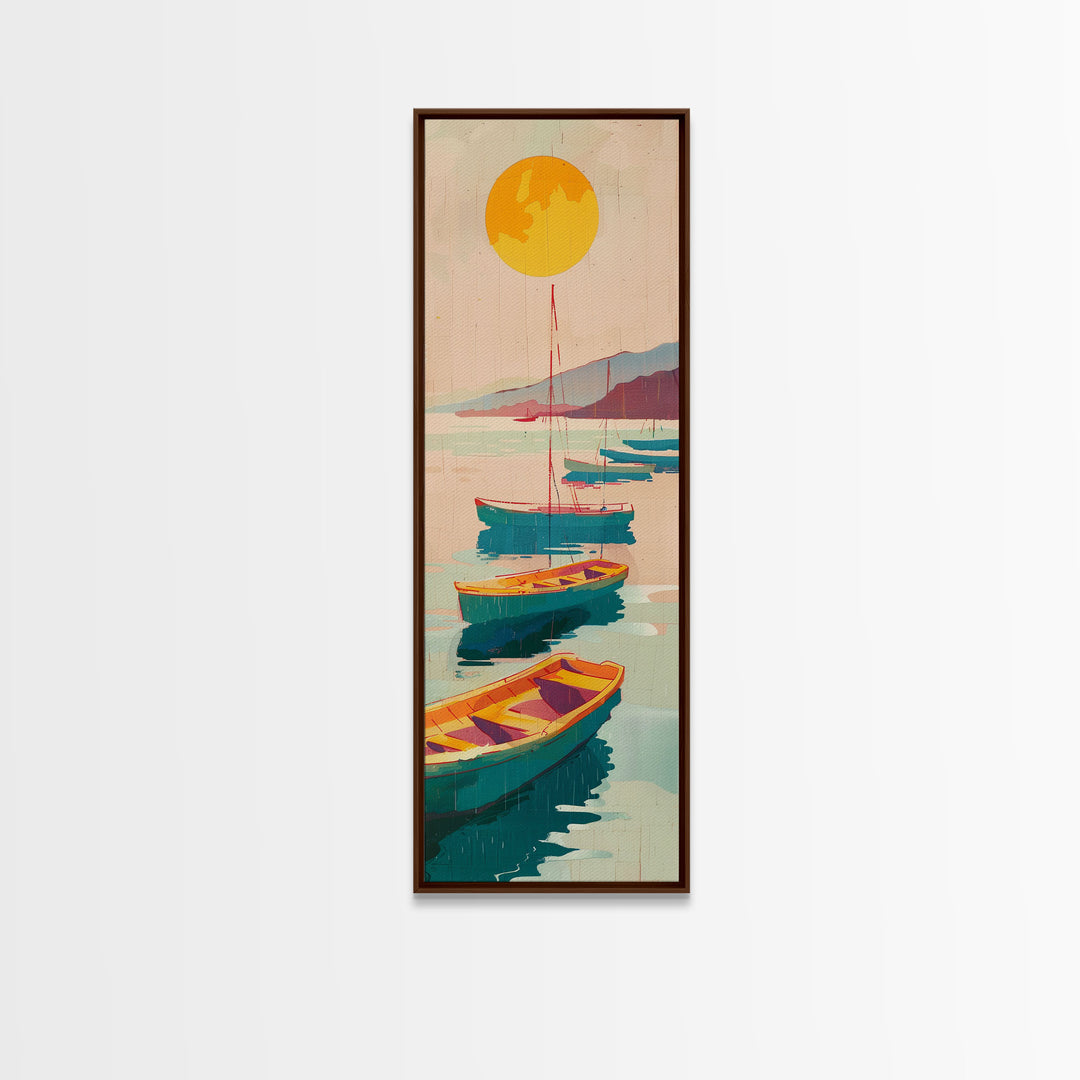 Rowboats And Golden Sun On Calm Water Skinny Art Wood Block Print Japanese Style Art Framed Canvas Print Tall Art Ukiyo-e Art